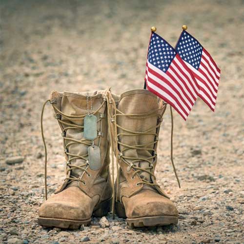 American soldier boots and flags