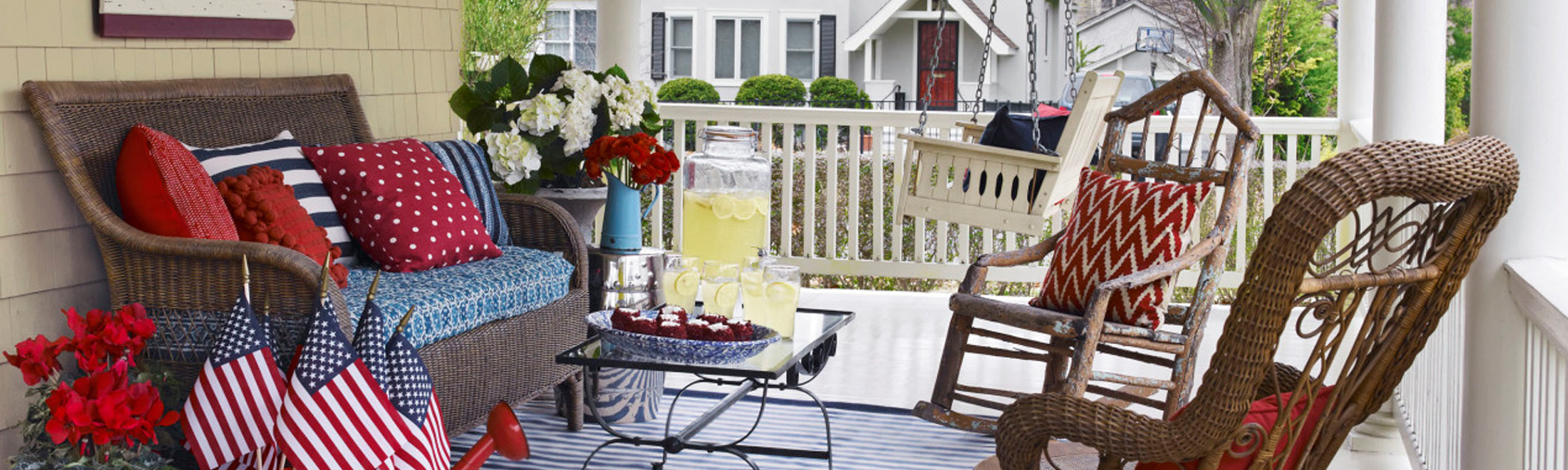 Old porch with American flags